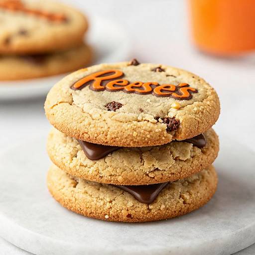 Photograph of three stacked chocolate chip cookies with 