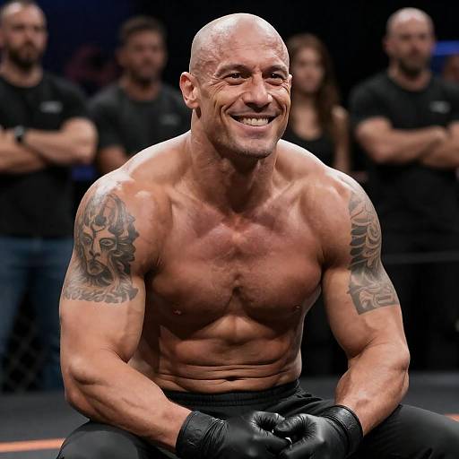Smiling Muscular Bald Man with Tattoos Wearing Gloves