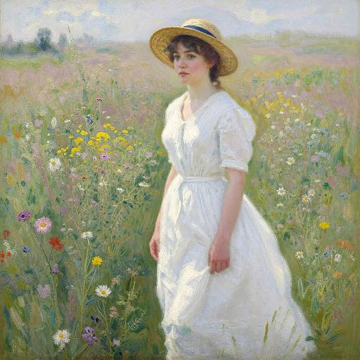 Impressionist painting of a young woman in a white dress and straw hat standing in a vibrant, sunlit meadow with wildflowers.