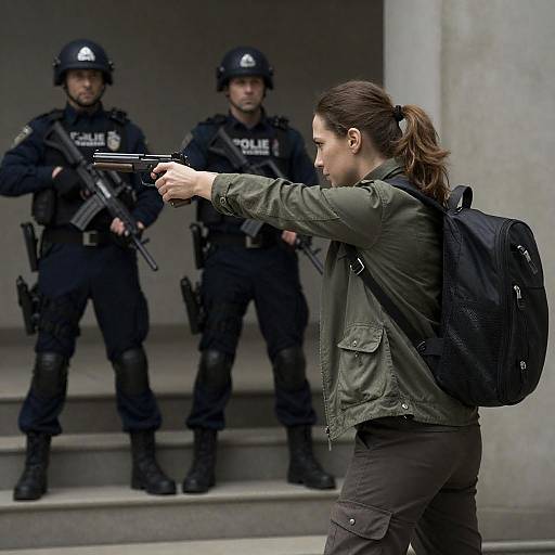 Serious Woman Aiming in Dim Light