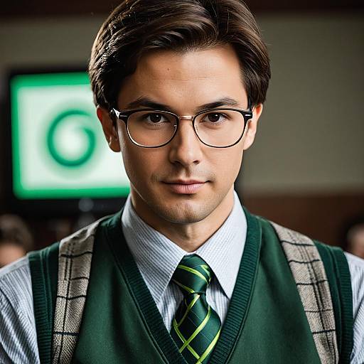 Young Man Wearing Glasses and Green Vest