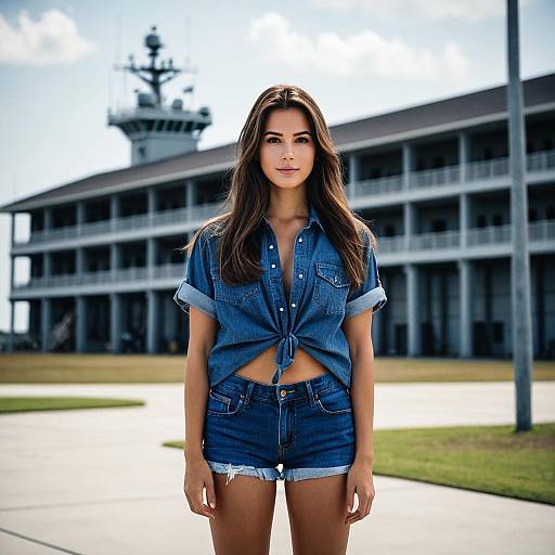 Young Woman in Denim Outfit at Naval Station