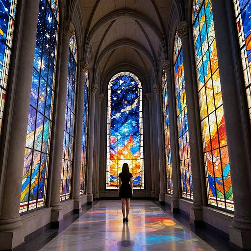 Photograph of a person standing in a grand, arched stained glass cathedral hallway, illuminated by vibrant, colorful celestial-themed windows.