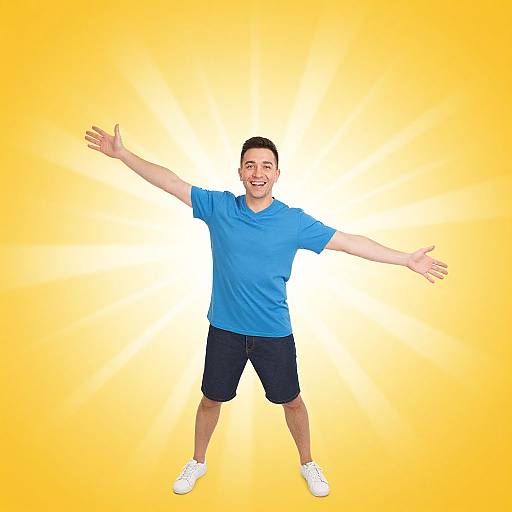 Photograph of a smiling Asian man with short black hair, wearing a blue polo shirt, black shorts, and white sneakers, standing with arms outst