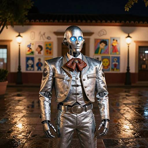 Minimalist Mariachi Android in Nighttime Square