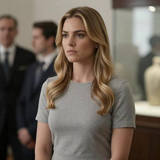 Serious Woman in Gray Top with Blurred Background