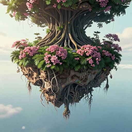 Fantastical floating tree with thick, twisted roots, adorned with vibrant pink flowers and lush green leaves, against a bright blue sky. Photorealistic