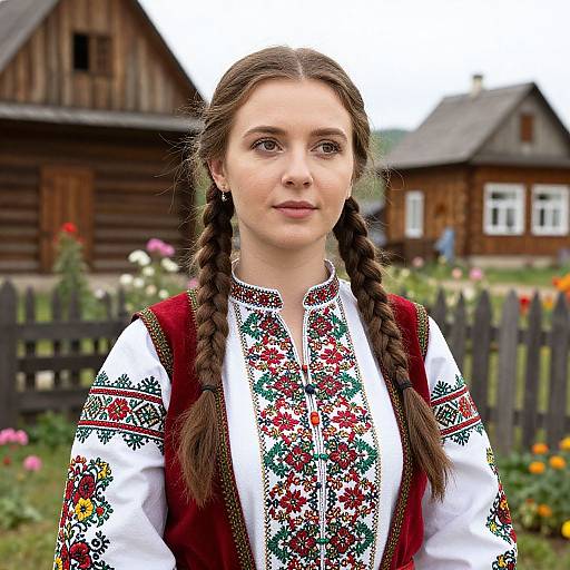 Photograph of a young white woman with braided brown hair, wearing a detailed red and white embroidered traditional dress, standing in front of rustic wooden houses