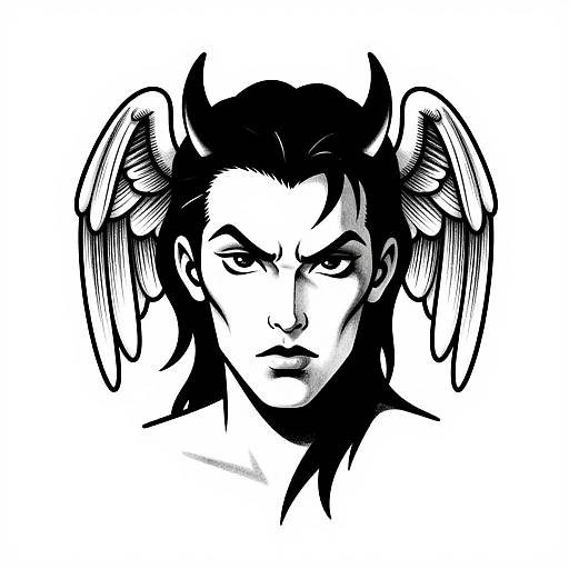 Black and white digital drawing of a stern-faced person with horn-like ear extensions, sharp eyes, and dark, spiky hair.