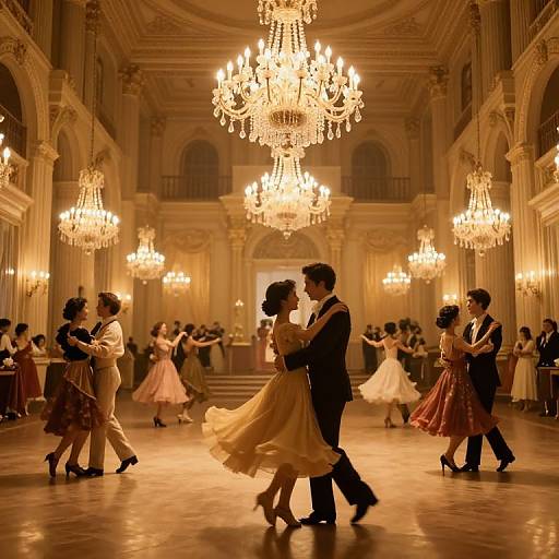 Photograph of a vintage ballroom dance, elegant couples in mid-dance under grand chandeliers, warm yellow lighting, ornate ceiling, and