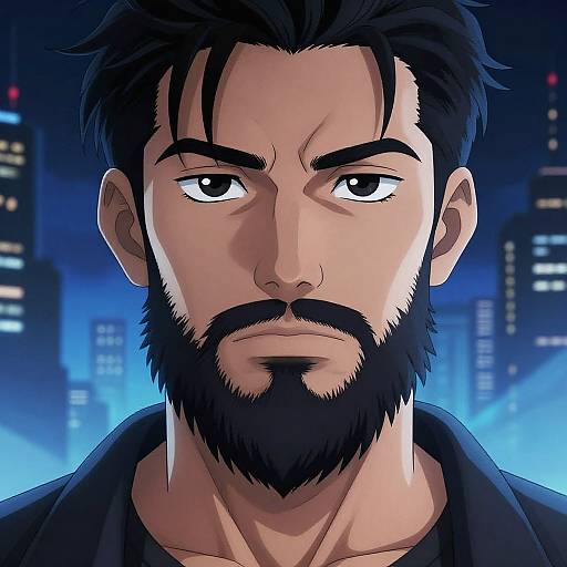 Digital anime-style portrait of a serious, bearded man with black hair, intense eyes, and a dark blue cityscape background.