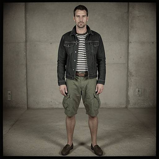Photograph of a man with short dark hair, beard, wearing a black denim jacket, striped shirt, olive cargo shorts, brown shoes, standing against