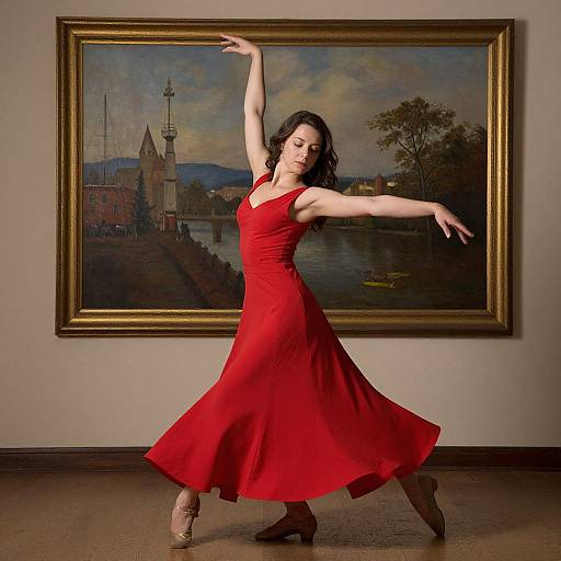 Photograph of a brunette woman in a flowing red dress, ballerina pose, in front of a framed, detailed landscape painting.