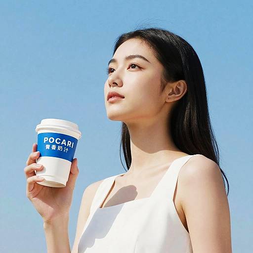 Woman Holding Pocari Sweat Drink Against Blue Sky