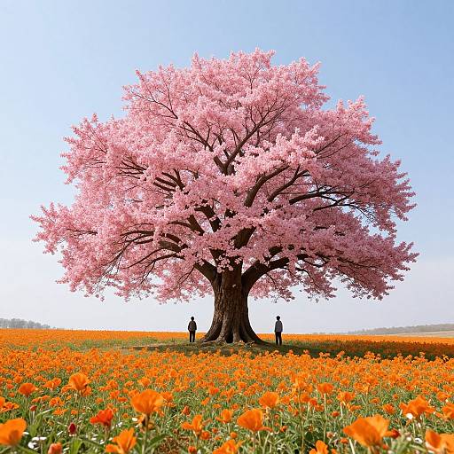 Photograph of a large pink cherry blossom tree centered in an orange poppy field, with two small figures standing beneath it. Clear blue sky in the
