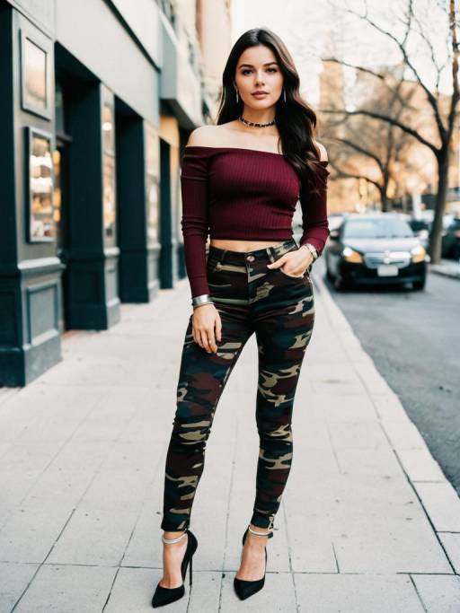 Woman in Edgy Burgundy Top and Camouflage Pants