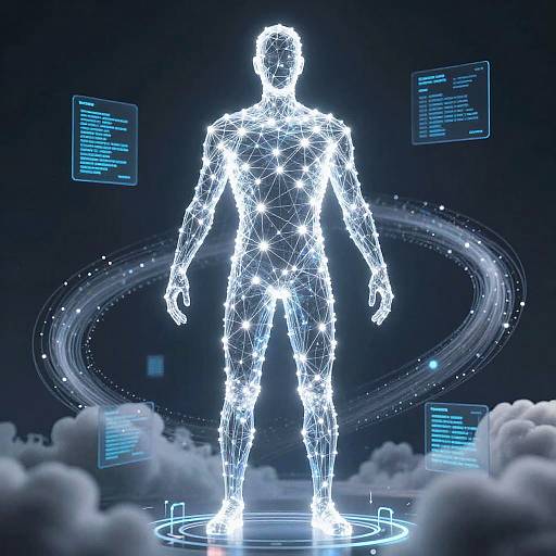 Digital CGI of a glowing, wireframe human figure standing on a glowing circle, surrounded by floating blue holographic screens and clouds against a dark, star
