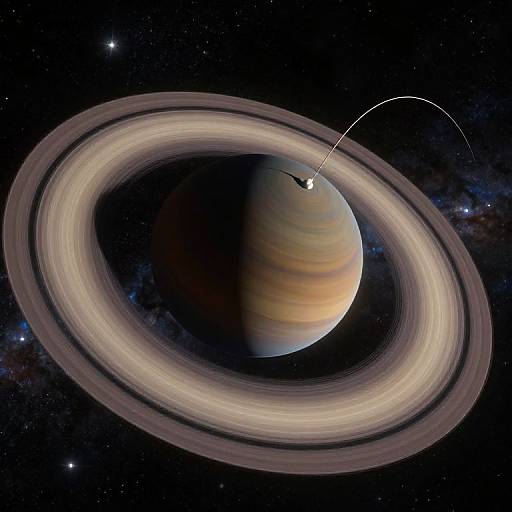 Digital CGI of Saturn-like planet with rings and a spacecraft flying near the upper right, set against a starry, cosmic background.
