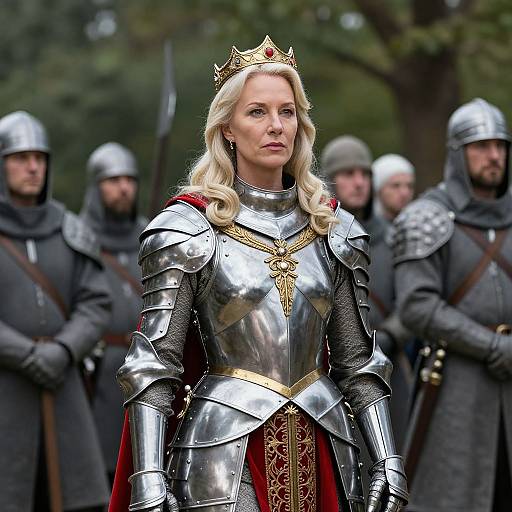 Photograph of a blonde woman in silver medieval armor with a gold crown, standing in front of armored knights in a forest.