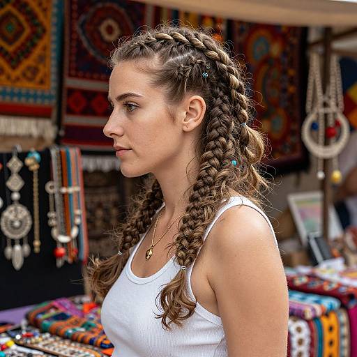 Photograph of a young woman with long, braided brown hair, wearing a white tank top, standing in a vibrant, colorful market stall.