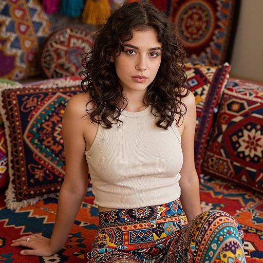 Bohemian Woman on Patterned Rug