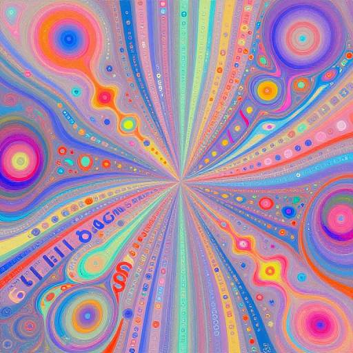 Vibrant digital abstract art with colorful, swirling patterns, neon circles, and radial lines in blue, red, yellow, and purple.