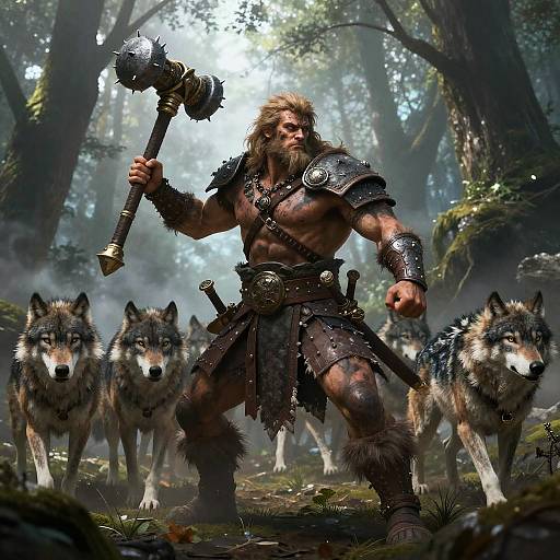 Barbarian Warrior with Wolves in Misty Forest