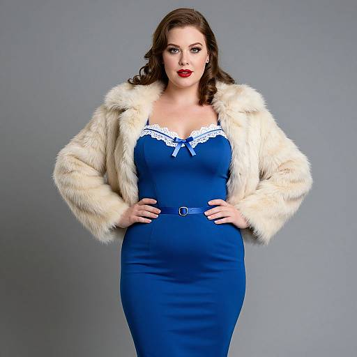 Full-body photograph of a curvy woman with fair skin, red lipstick, and brown hair, wearing a blue lace-trimmed dress and white fur