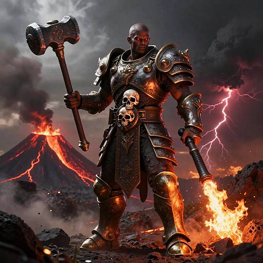 Muscled warrior in gleaming black armor with a hammer, skull belt, and fiery gauntlet stands before erupting volcano and lightning. Digital artwork