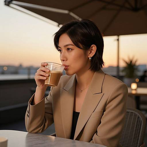 Photograph of a short-haired woman in a beige blazer, sipping a coffee at an outdoor rooftop bar during sunset.