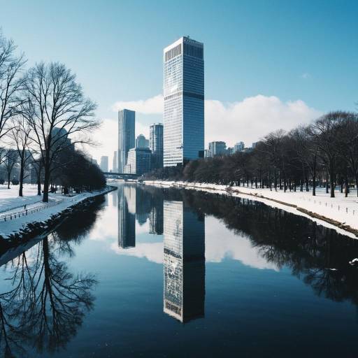 Winter Cityscape with Reflective River