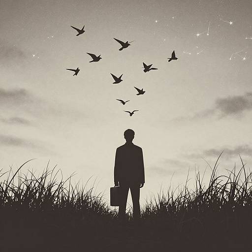 Silhouetted man with briefcase stands in tall grass, watching birds fly in a starry evening sky, black and white photograph.
