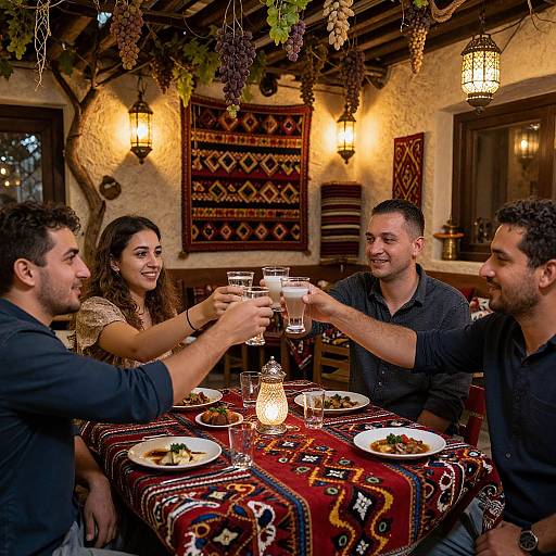 Photograph of four friends toasting at a rustic, warmly lit table with colorful patterned cloth, hanging grapes, and lanterns in the background.
