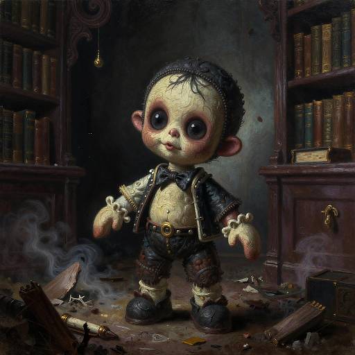 Creepy digital artwork: A decaying, wide-eyed doll with black hair and tattered clothes stands in a smoky, dark library with broken books