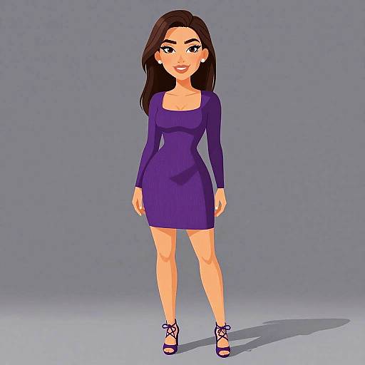 Digital cartoon of a smiling woman with long brown hair, wearing a purple long-sleeve dress and matching high-heeled sandals, standing against a gray
