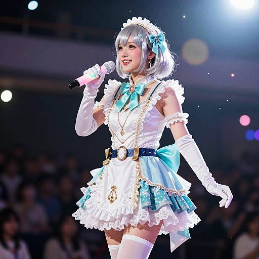 Anime-style digital artwork of a silver-haired female singer in a frilly white and blue maid outfit, holding a microphone, performing on stage under bright lights