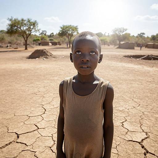 Photograph of a young African boy with dark skin, short hair, and wearing a tattered brown tank top, standing in a sunlit, dry