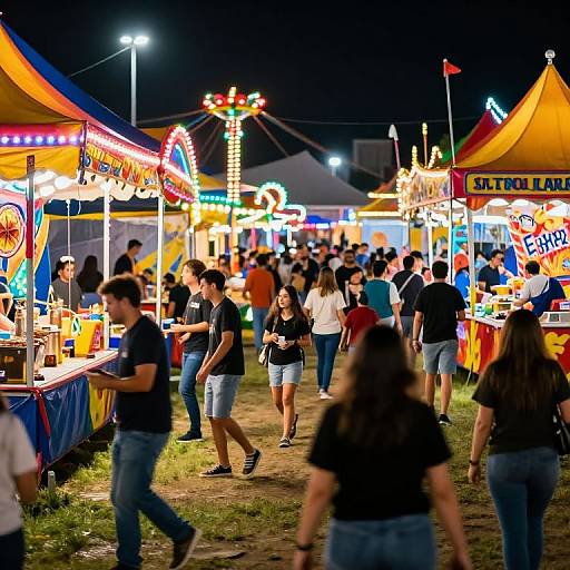 Vibrant nighttime carnival scene with colorful tents, neon lights, and a crowded, lively atmosphere. People in casual attire walk and socialize under bright