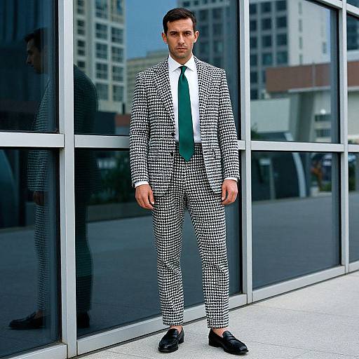 Photograph of a confident man in a black-and-white checkered suit, white shirt, green tie, and black shoes, standing in front of a