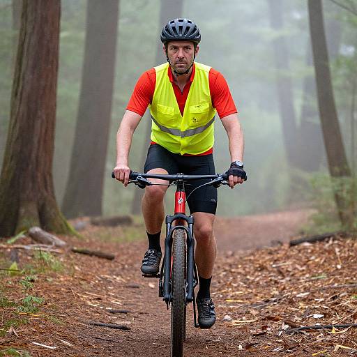 Vibrant Cyclist in Misty Redwoods