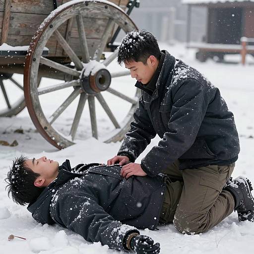 Man Helping Fallen Companion in Snow