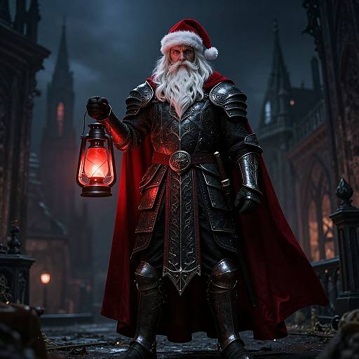 Photorealistic digital art of a bearded Santa Claus in black armor, red cape, and Santa hat, holding a glowing lantern in a dark,