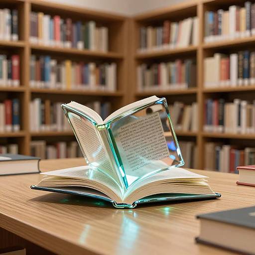 Photograph of an open, glowing book on a wooden table in a library, surrounded by filled bookshelves in the background.