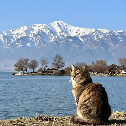 Photograph of a tabby cat with green eyes sitting on grass, gazing at a serene lake with snow-capped mountains in the background.