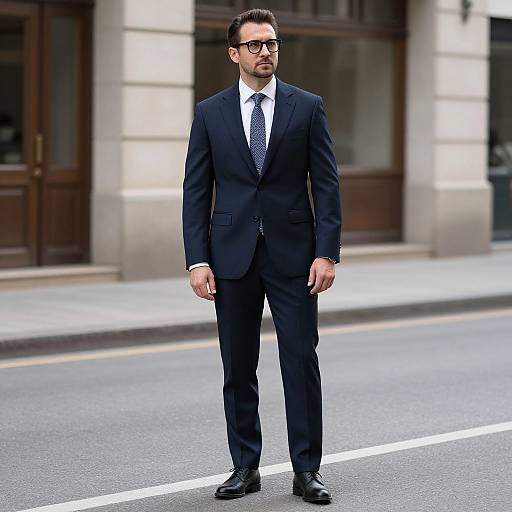 Photograph of a serious, dark-haired man in a black suit, white shirt, and tie, standing on an urban street, wearing black glasses.