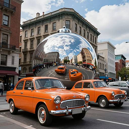 Photograph of vibrant orange vintage cars in a city street, with a reflective silver dome in the center, reflecting buildings and sky. Urban architecture and blue