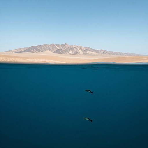 Photograph of two sharks swimming underwater, with a snow-capped mountain and clear blue sky in the background. Horizontal split view.