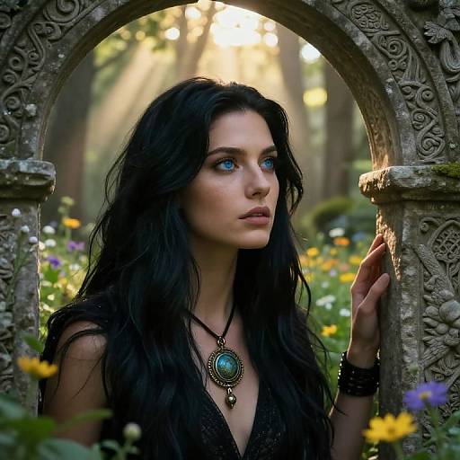 Photograph of a pale-skinned woman with long, wavy black hair, blue eyes, wearing a black lace top and a green pendant, standing