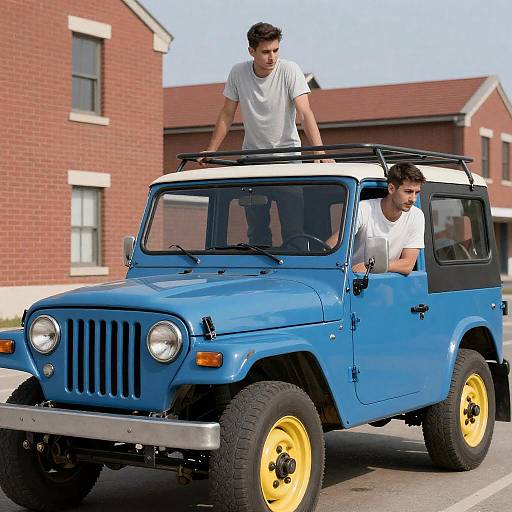 Vintage Jeep with Men and Urban Background