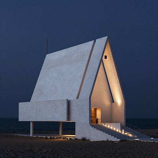 Photograph of a modern, white, A-frame house with sharp angles, lit from within, against a dark, twilight sky and sandy beach.